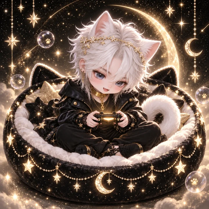 Q版貓泡泡窩在星星貓窩裡打遊戲
