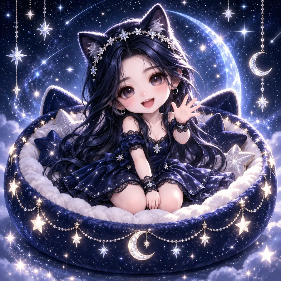 Q 版夜貓坐在星星貓窩裡揮手